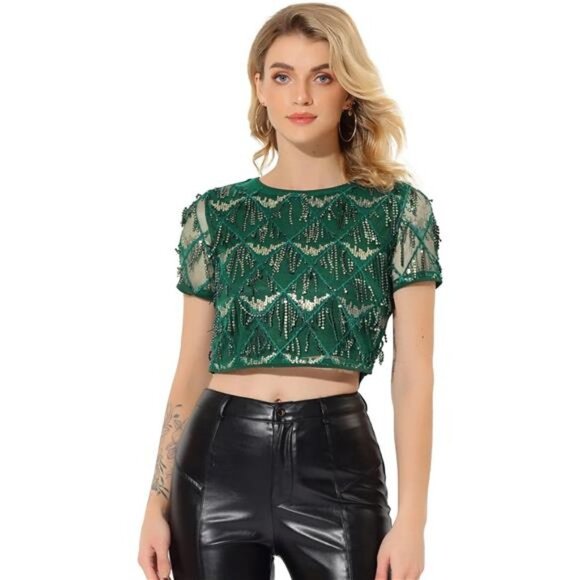 Emerald Sequin Tassel Shiny Embellished Short Sleeve Crop Top Dressy Party Shirt - Picture 4 of 6